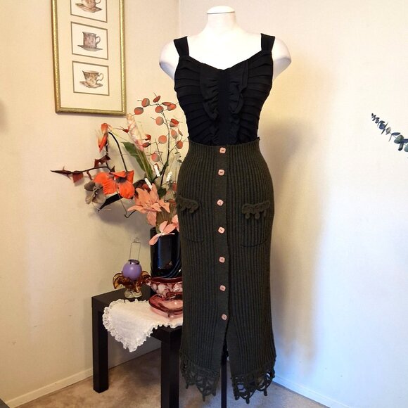 Preowned Women's Olive Green Maxi Skirt High Waist Stretch Long Knitted Skirts - Picture 6 of 8